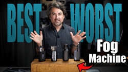 Man gesturing toward fog machines displayed on wooden table with text overlay reading 'BEST WORST Fog Machine'