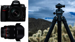 Nikon D780 DSLR camera with Laowa lens and Hahnel tripod with ball head in desert landscape