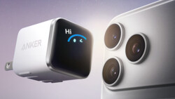 White compact power adapter and smartphone with triple rear camera module against starlit background.