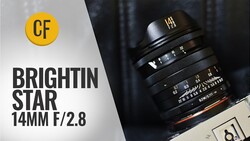 Brightin Star 14mm f/2.8 lens displayed with CF logo and product name overlay