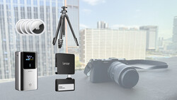 Photography equipment collection including smartphone gimbal, wireless microphone system, tripod, camera, and lens displayed against urban cityscape backdrop